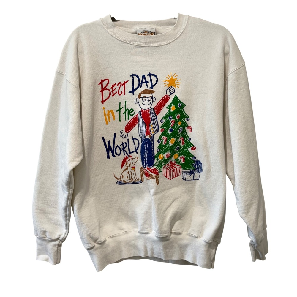 Medallion Sweatshirt Mens Large White Best Dad Christmas Vintage USA Holiday